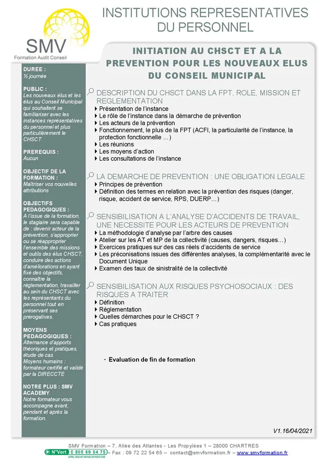 Fiche programme de la formation Initiation au CHSCT et à la Prévention pour les Nouveaux élus du Conseil Municipal sur mesure : durée, public, prérequis, objectifs pédagogiques et contenu