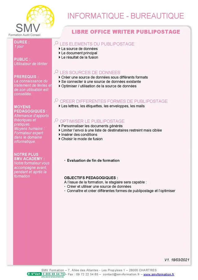 Fiche programme de la formation Libre Office Writer Publipostage 1 jour : durée, public, prérequis, objectifs pédagogiques et contenu