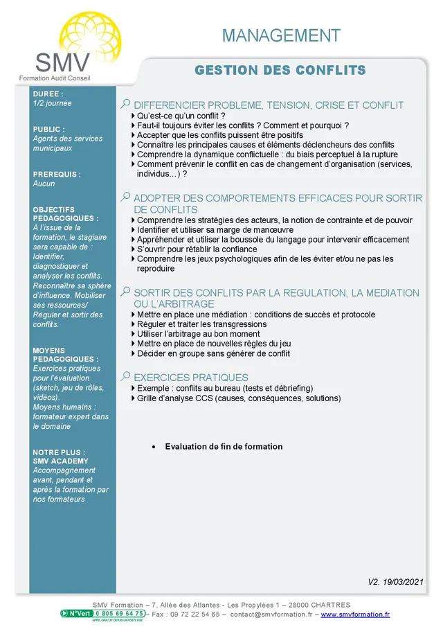 Fiche programme de la formation Gestion des conflits demi-journée : durée, public, prérequis, objectifs pédagogiques et contenu