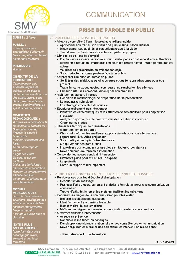 Fiche programme de la formation Prise de parole en public : durée, public, prérequis, objectifs pédagogiques et contenu