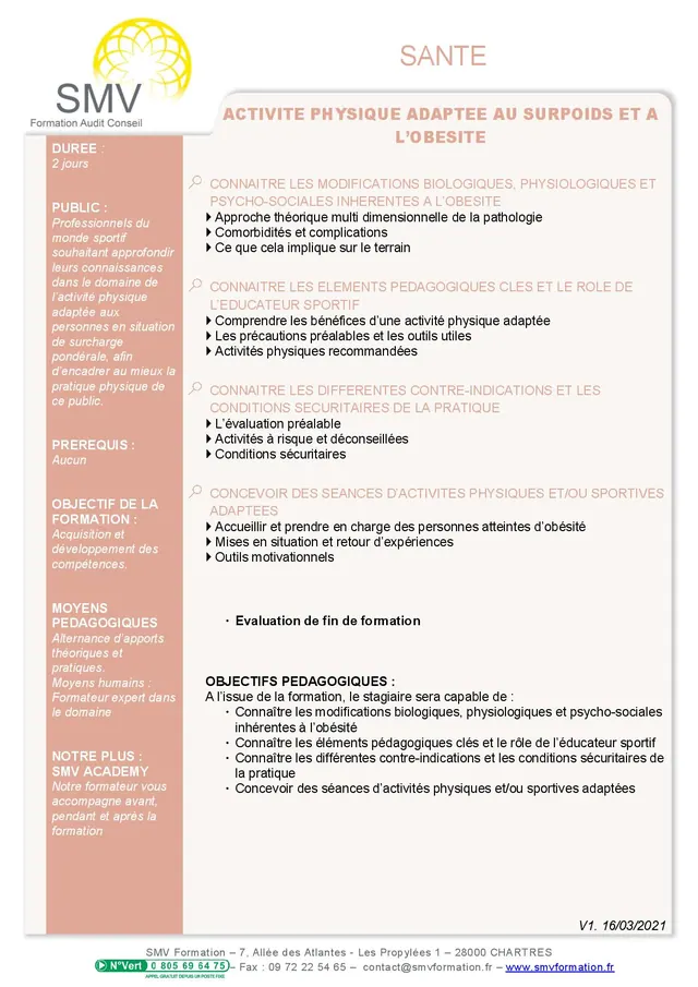 Fiche programme de la formation Activité physique adaptée au surpoids et à l’obésité : durée, public, prérequis, objectifs pédagogiques et contenu