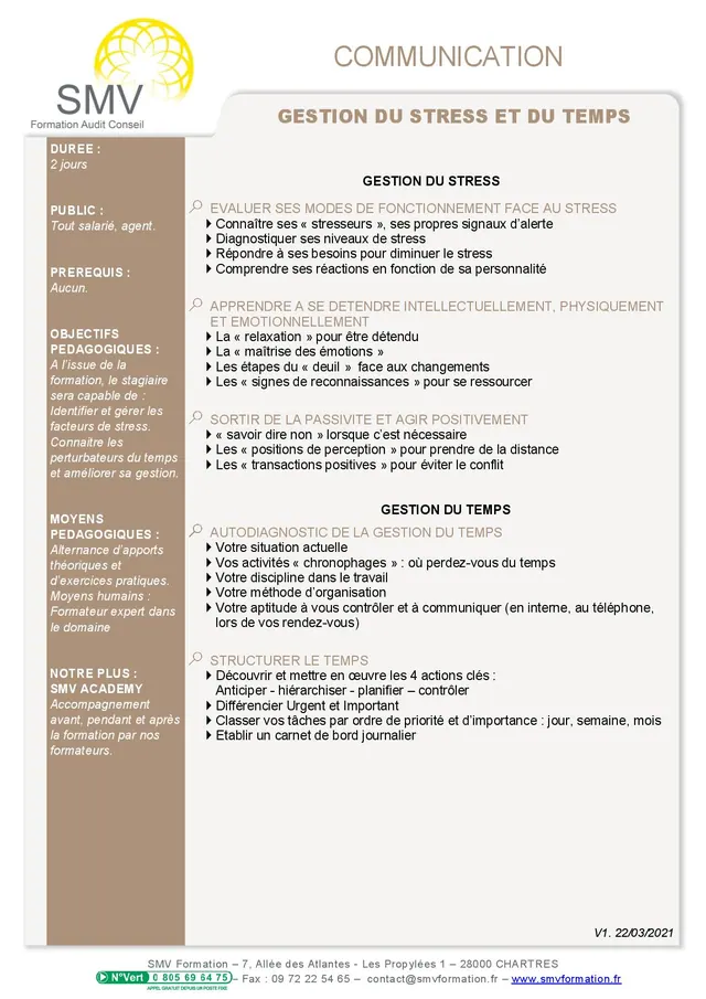 Fiche programme de la formation Gestion du stress et du temps : durée, public, prérequis, objectifs pédagogiques et contenu
