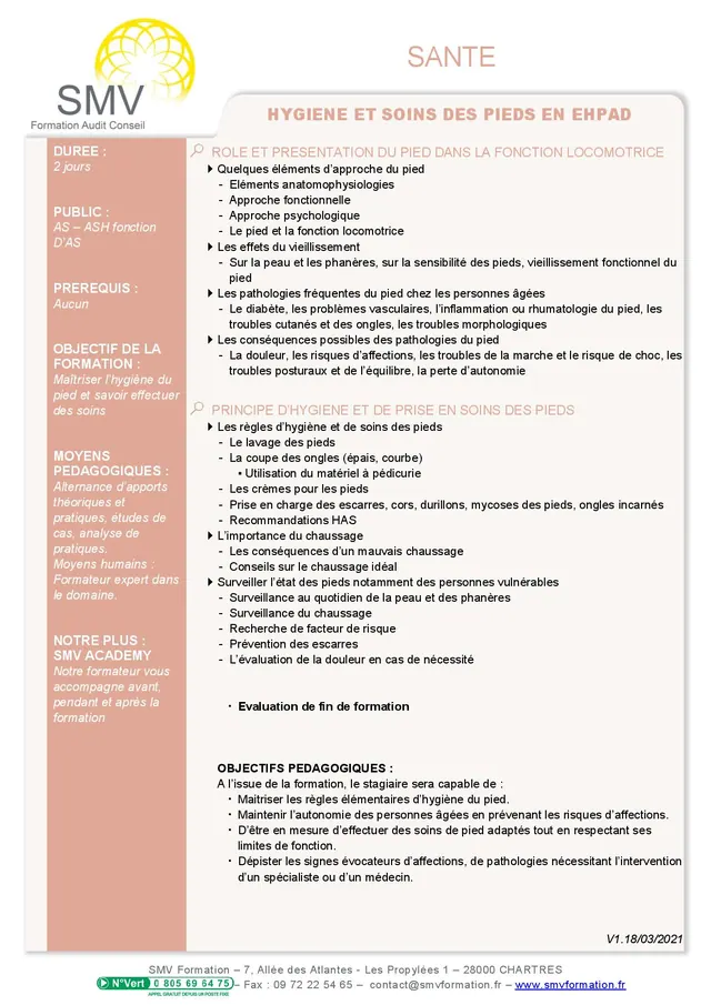 Fiche programme de la formation Hygiène et soins des pieds en Ehpad : durée, public, prérequis, objectifs pédagogiques et contenu
