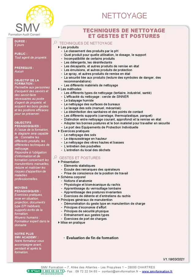 Fiche programme de la formation Techniques de nettoyage et gestes et postures sur mesure : durée, public, prérequis, objectifs pédagogiques et contenu