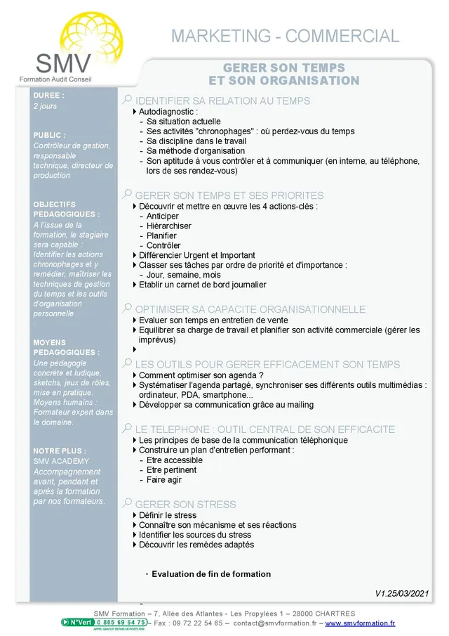 Fiche programme de la formation Gérer son temps et son organisation sur mesure : durée, public, prérequis, objectifs pédagogiques et contenu