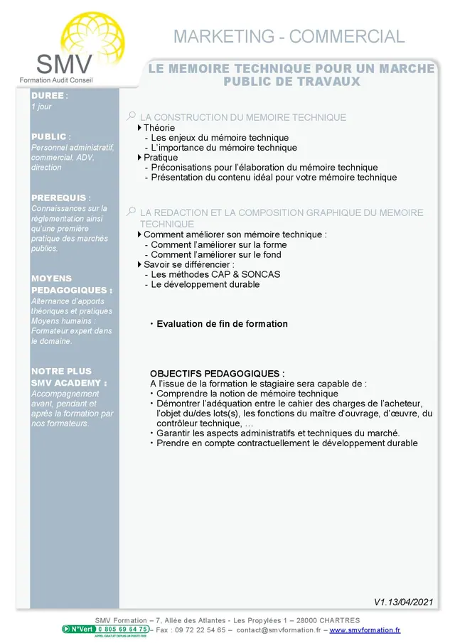 Fiche programme de la formation Le mémoire technique pour un marché public de travaux : durée, public, prérequis, objectifs pédagogiques et contenu