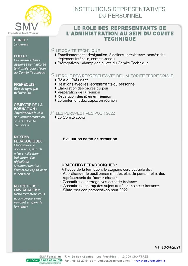 Fiche programme de la formation Le Rôle des Représentants de l’Administration au sein du Comité Technique demi journée : durée, public, prérequis, objectifs pédagogiques et contenu