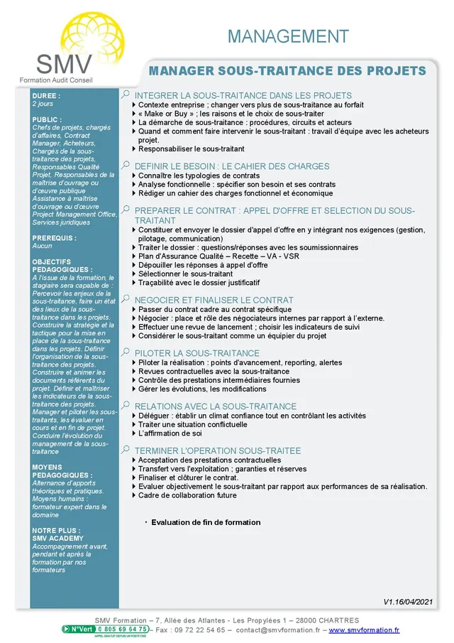 Fiche programme de la formation Manager sous-traitance des projets : durée, public, prérequis, objectifs pédagogiques et contenu