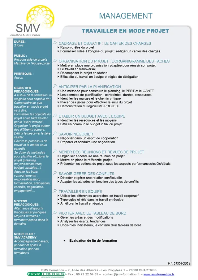 Fiche programme de la formation Travailler en mode projet : durée, public, prérequis, objectifs pédagogiques et contenu