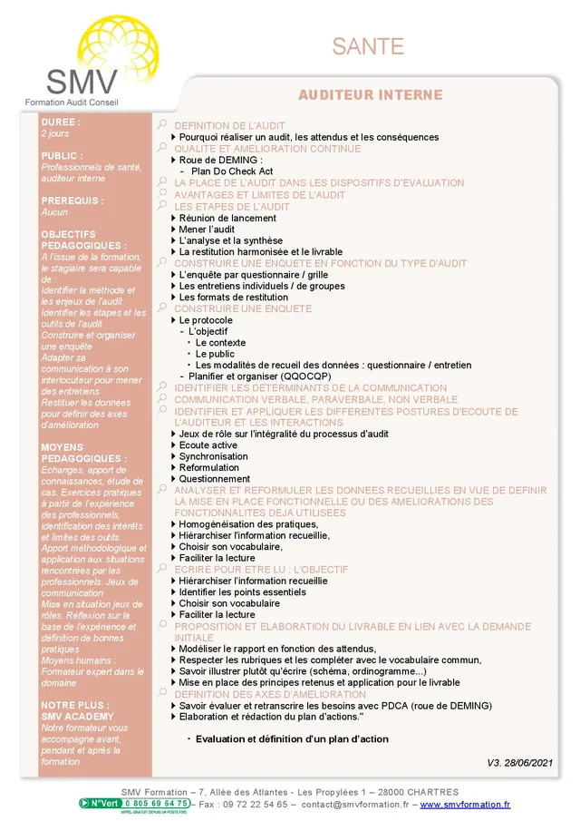 Fiche programme de la formation Auditeur interne : durée, public, prérequis, objectifs pédagogiques et contenu