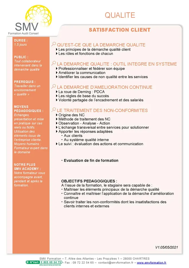 Fiche programme de la formation Satisfaction Client : durée, public, prérequis, objectifs pédagogiques et contenu