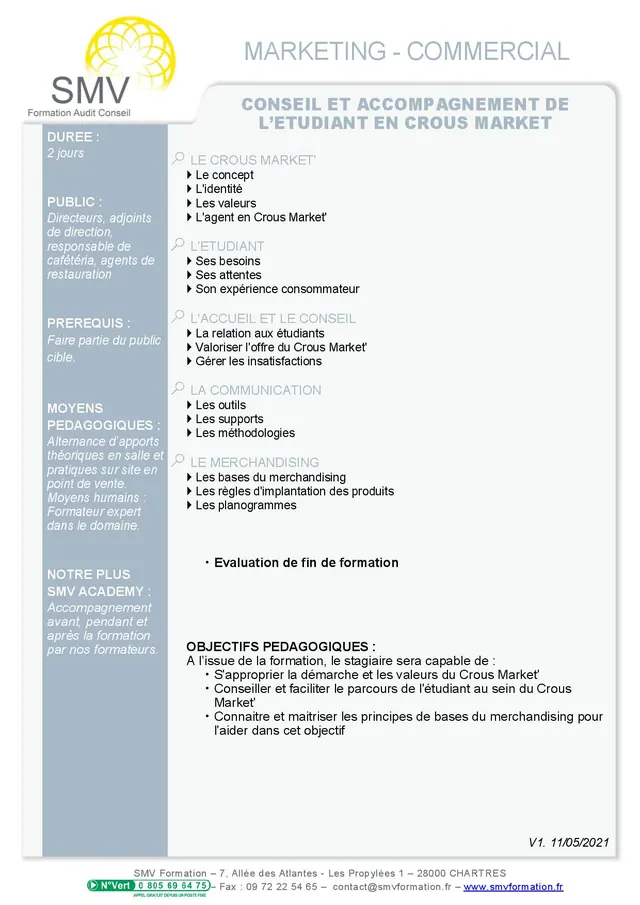 Fiche programme de la formation Conseil et accompagnement de l’étudiant en Crous Market : durée, public, prérequis, objectifs pédagogiques et contenu