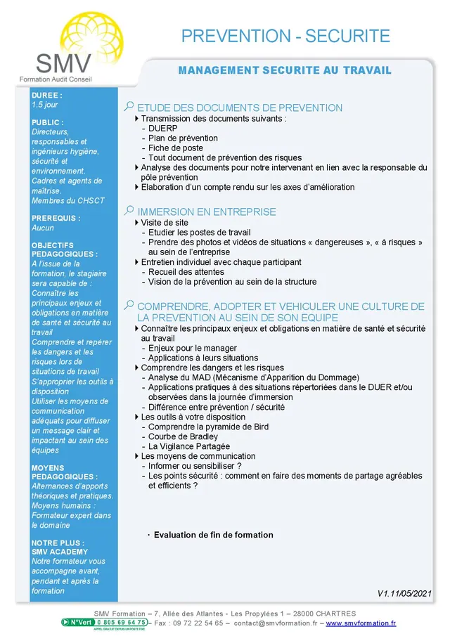 Fiche programme de la formation Management sécurité au travail : durée, public, prérequis, objectifs pédagogiques et contenu