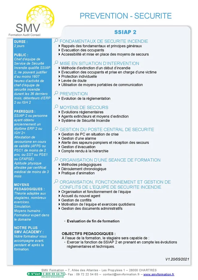 Fiche programme de la formation SSIAP 2 : durée, public, prérequis, objectifs pédagogiques et contenu