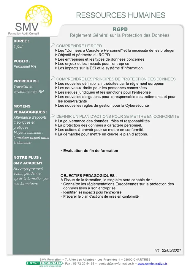 Fiche programme de la formation RGPD : durée, public, prérequis, objectifs pédagogiques et contenu