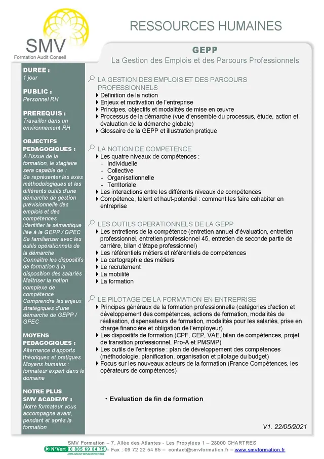 Fiche programme de la formation GEPP : durée, public, prérequis, objectifs pédagogiques et contenu