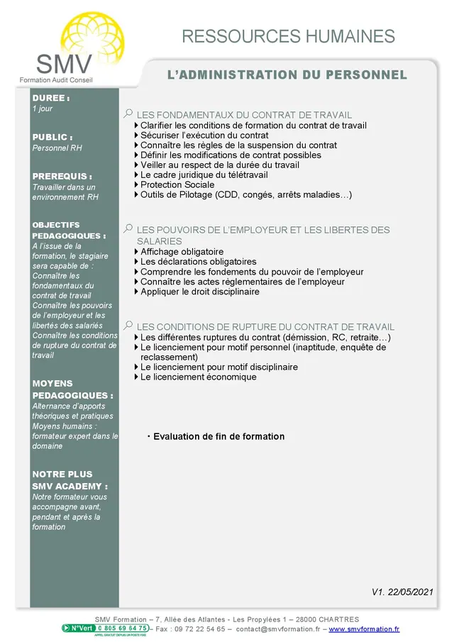 Fiche programme de la formation L’administration du personnel : durée, public, prérequis, objectifs pédagogiques et contenu