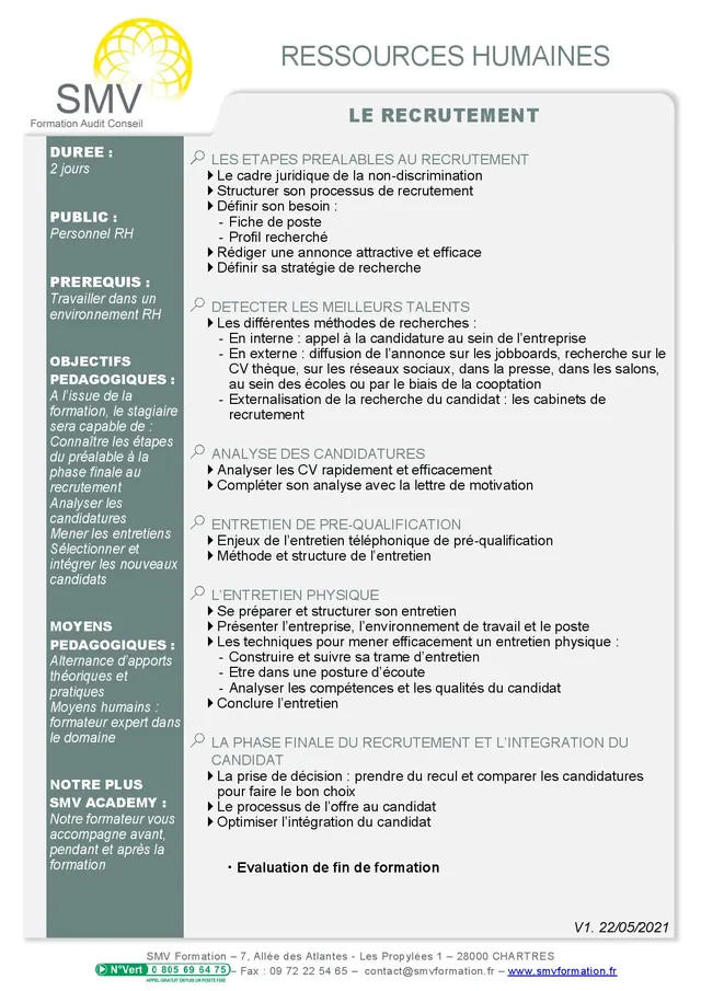 Fiche programme de la formation Le recrutement : durée, public, prérequis, objectifs pédagogiques et contenu