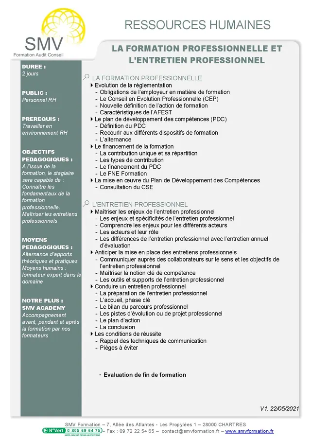 Fiche programme de la formation La formation professionnelle et l’entretien professionnel : durée, public, prérequis, objectifs pédagogiques et contenu