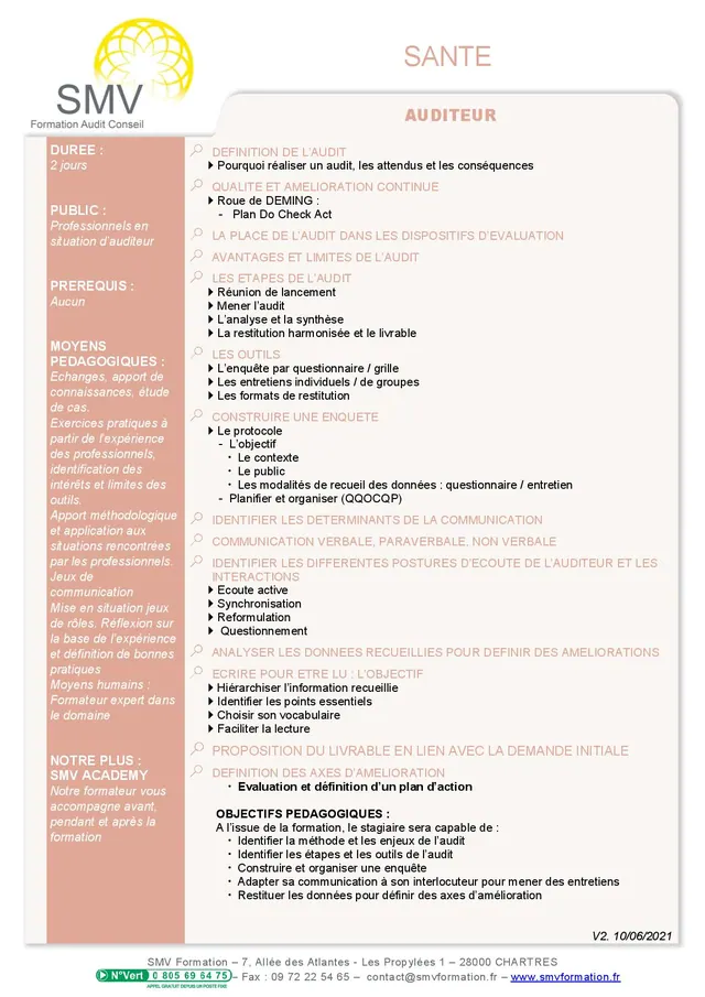 Fiche programme de la formation Auditeur : durée, public, prérequis, objectifs pédagogiques et contenu