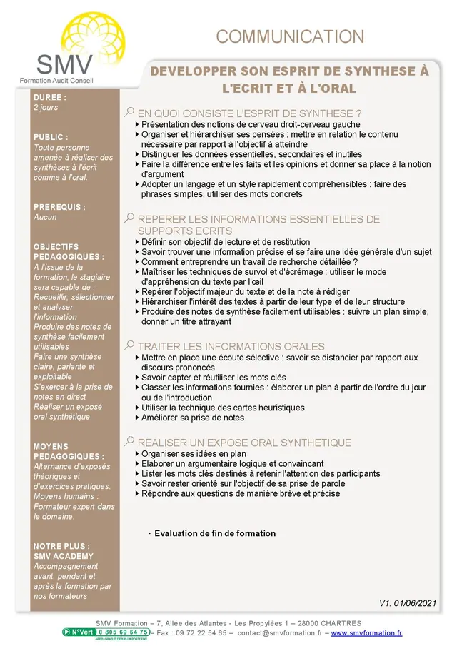 Fiche programme de la formation Développer son esprit de synthèse à l’écrit et à l’oral : durée, public, prérequis, objectifs pédagogiques et contenu