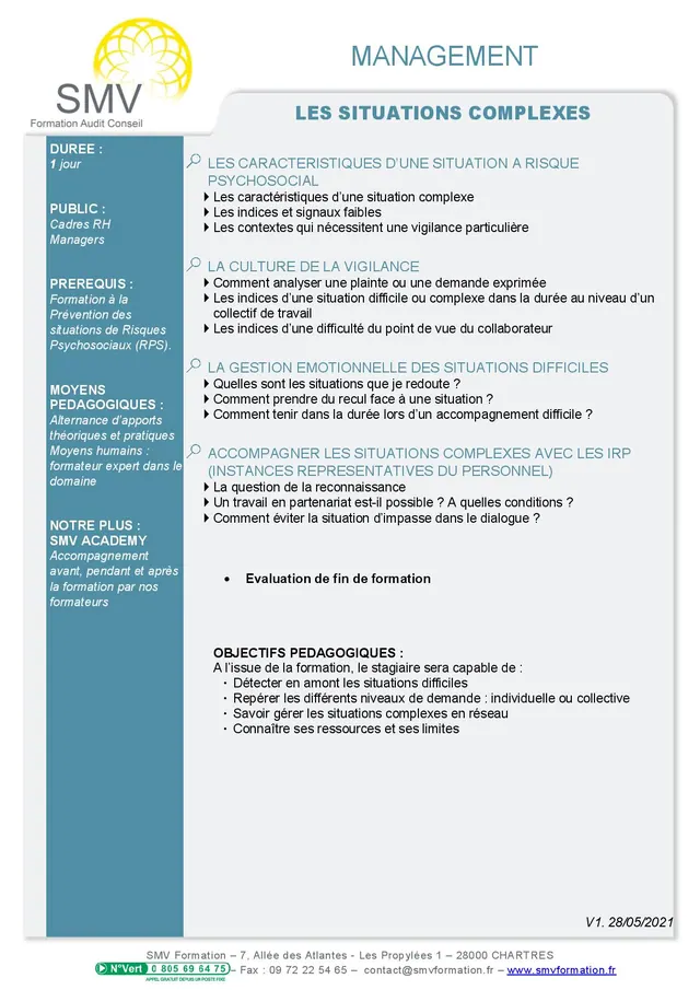 Fiche programme de la formation Les situations complexes : durée, public, prérequis, objectifs pédagogiques et contenu