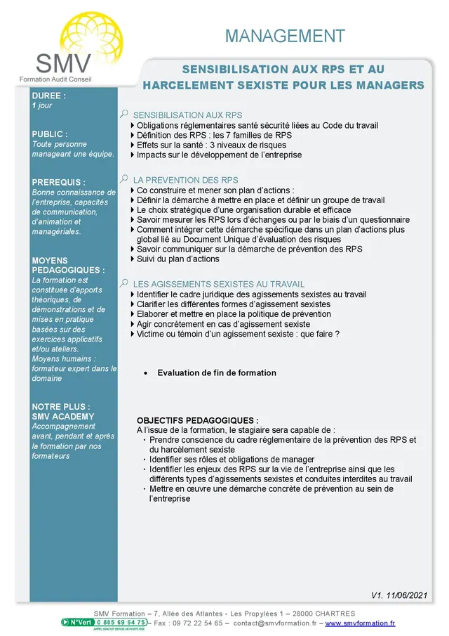 Fiche programme de la formation Sensibilisation aux RPS et au Harcèlement sexiste pour les managers : durée, public, prérequis, objectifs pédagogiques et contenu