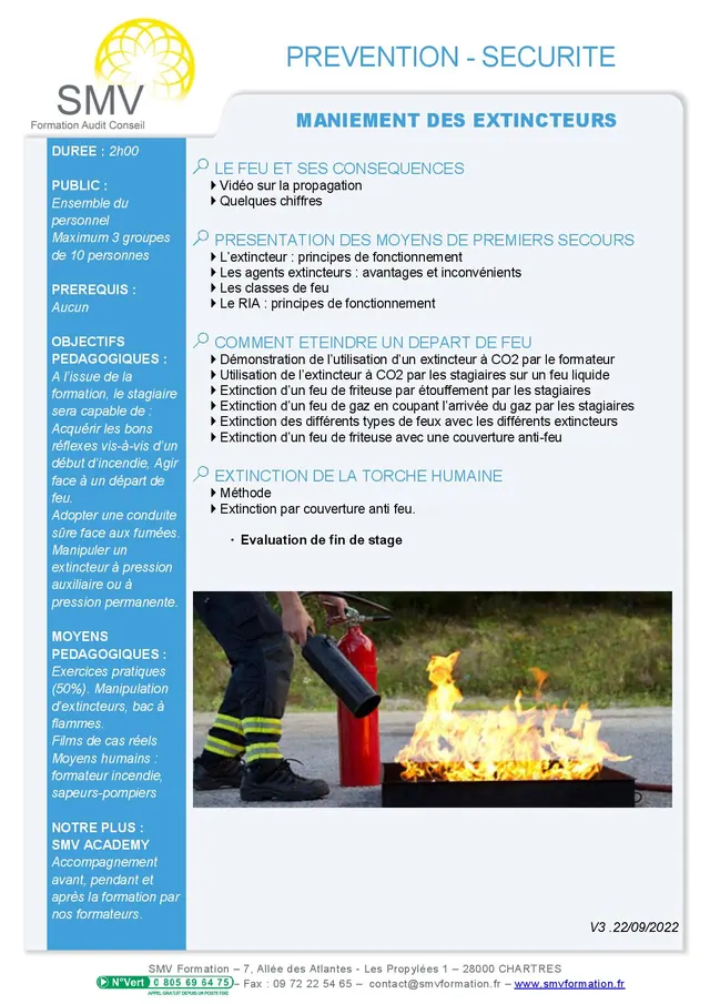 Fiche programme de la formation Formation Maniement des extincteurs 2h00 – Apprenez à éteindre les incendies en toute sécurité : durée, public, prérequis, objectifs pédagogiques et contenu