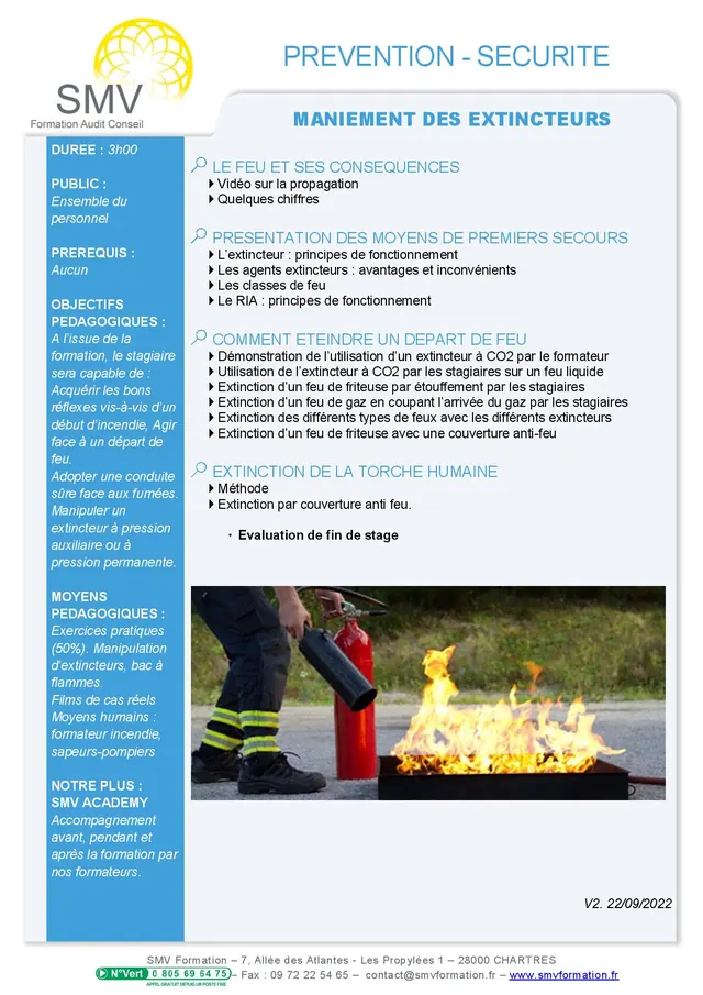Fiche programme de la formation Maniement des extincteurs 3h00 : durée, public, prérequis, objectifs pédagogiques et contenu