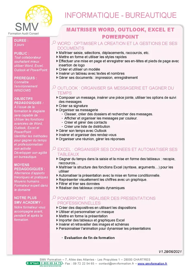 Fiche programme de la formation Maitriser Word, Outlook, Excel et Powerpoint : durée, public, prérequis, objectifs pédagogiques et contenu