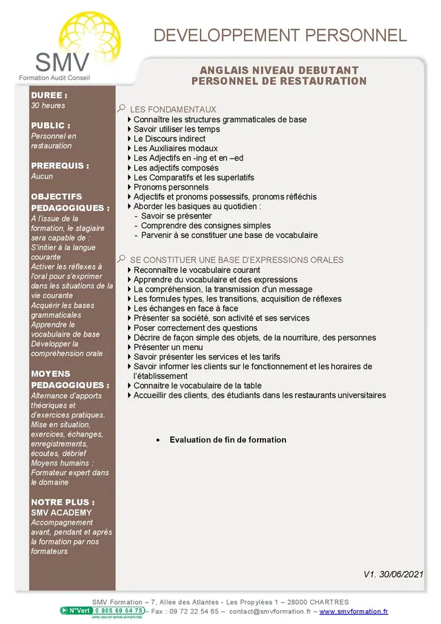 Fiche programme de la formation Anglais niveau débutant Personnel de restauration : durée, public, prérequis, objectifs pédagogiques et contenu