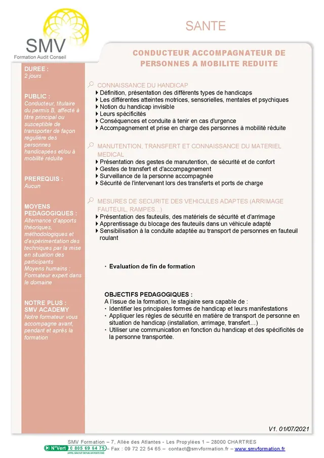 Fiche programme de la formation Conducteur accompagnateur de personnes à mobilité réduite : durée, public, prérequis, objectifs pédagogiques et contenu
