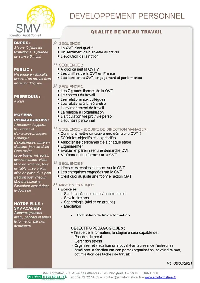 Fiche programme de la formation Qualité de vie au travail : durée, public, prérequis, objectifs pédagogiques et contenu