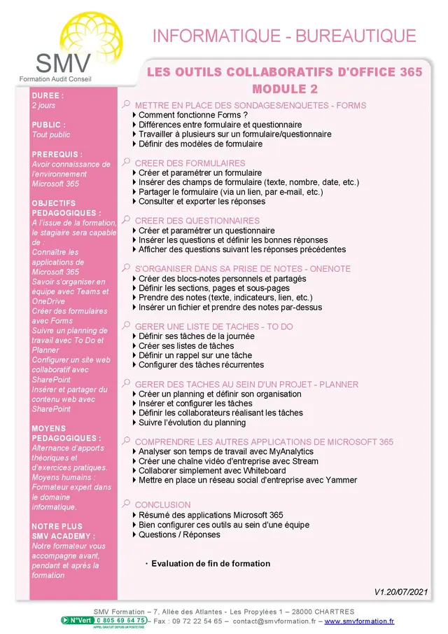 Fiche programme de la formation Les outils collaboratifs  d’office 365 Module 2 : durée, public, prérequis, objectifs pédagogiques et contenu