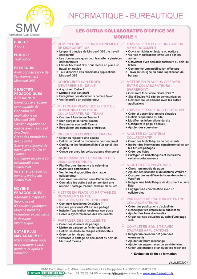 Fiche programme de la formation Les outils collaboratifs  d’office 365 Module 1 : durée, public, prérequis, objectifs pédagogiques et contenu