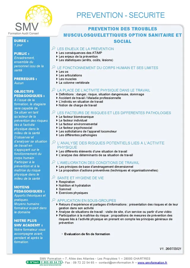 Fiche programme de la formation Prévention des troubles musculosquelettiques option sanitaire et social : durée, public, prérequis, objectifs pédagogiques et contenu