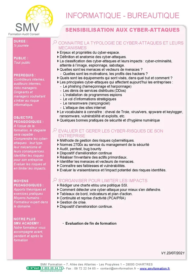 Fiche programme de la formation Sensibilisation aux cyber-attaques demi journée : durée, public, prérequis, objectifs pédagogiques et contenu