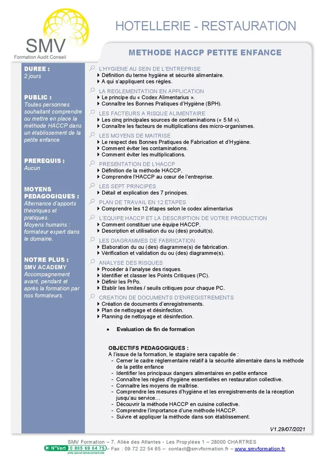 Fiche programme de la formation Méthode HACCP petite enfance : durée, public, prérequis, objectifs pédagogiques et contenu