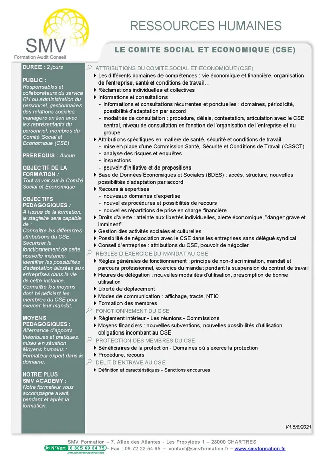Fiche programme de la formation Le Comité Social et Economique CSE sur mesure 2 jours : durée, public, prérequis, objectifs pédagogiques et contenu