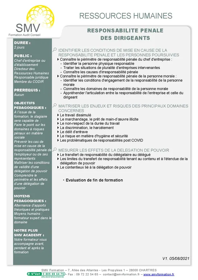 Fiche programme de la formation Responsabilité pénale des dirigeants : durée, public, prérequis, objectifs pédagogiques et contenu