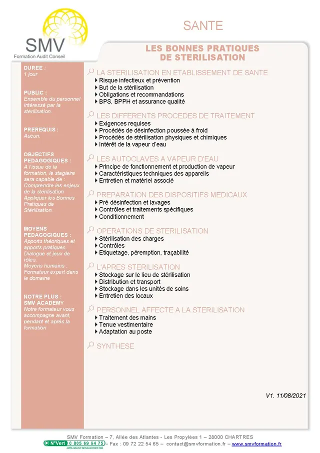 Fiche programme de la formation Les bonnes pratiques de stérilisation 1 jour : durée, public, prérequis, objectifs pédagogiques et contenu