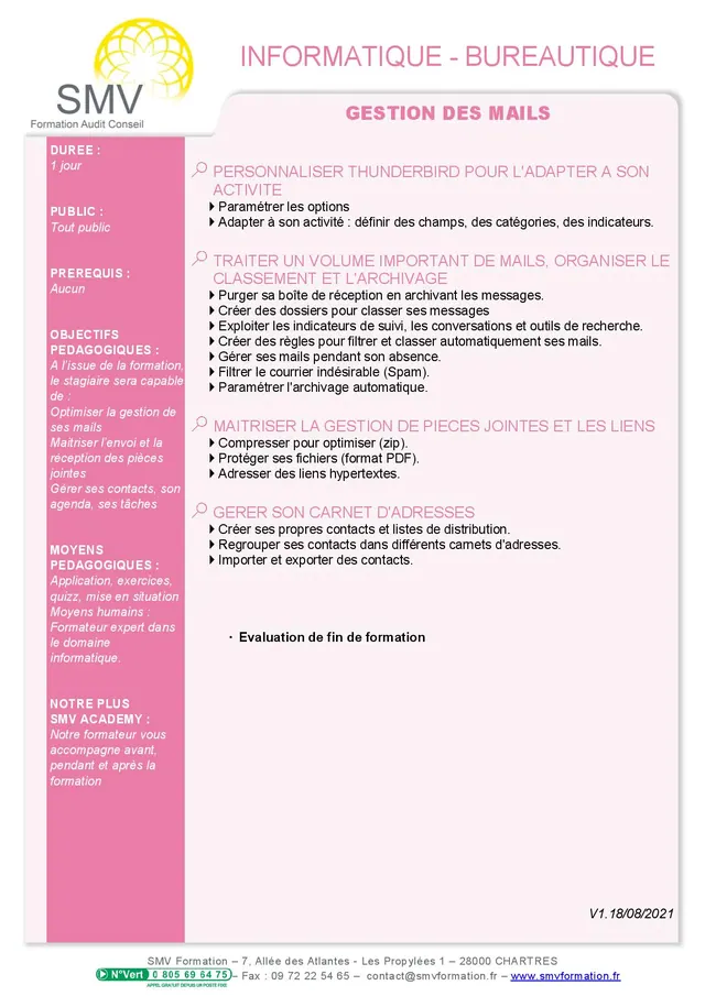 Fiche programme de la formation Gestion des mails : durée, public, prérequis, objectifs pédagogiques et contenu