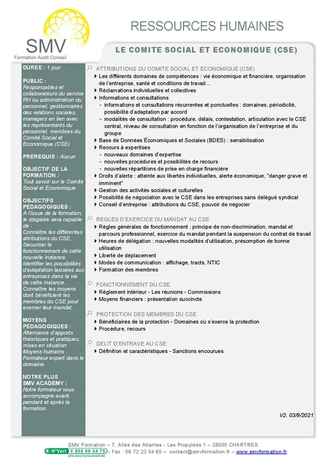 Fiche programme de la formation Le Comité Social et Economique CSE sur mesure 1 jour : durée, public, prérequis, objectifs pédagogiques et contenu