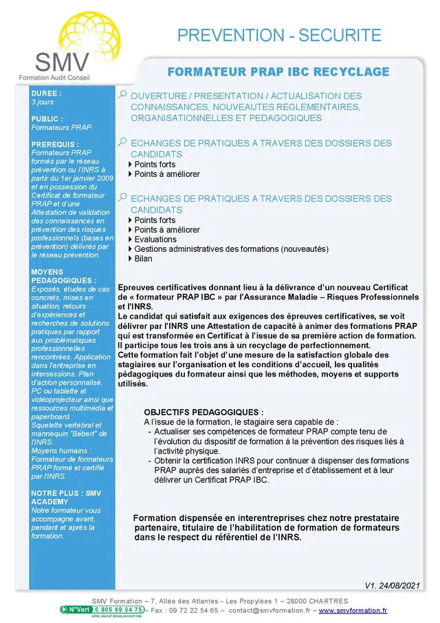 Fiche programme de la formation Formateur PRAP IBC Recyclage : durée, public, prérequis, objectifs pédagogiques et contenu