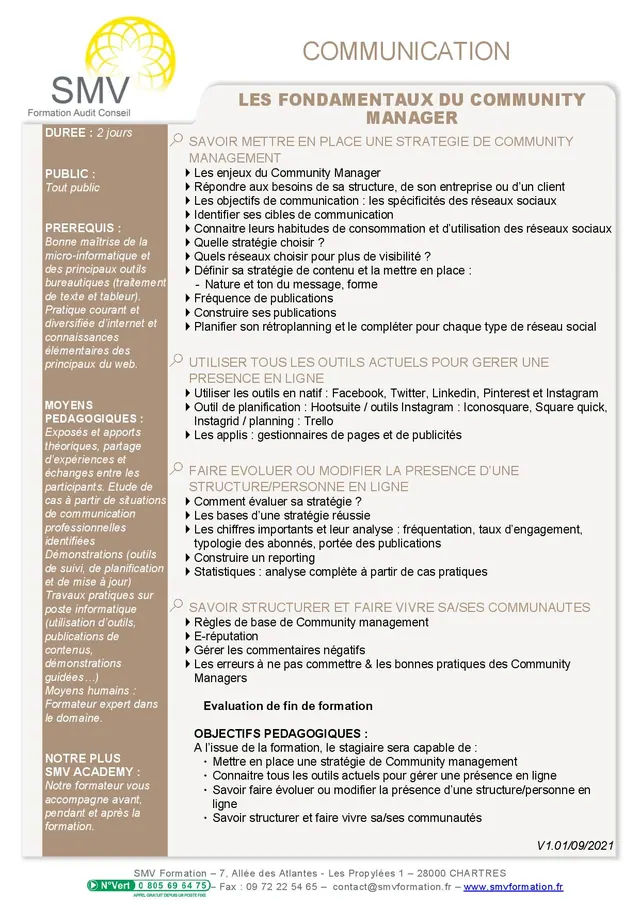 Fiche programme de la formation Les fondamentaux du Community Manager : durée, public, prérequis, objectifs pédagogiques et contenu