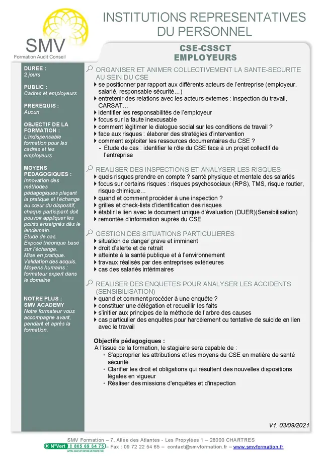 Fiche programme de la formation CSE CSSCT Employeurs 2 jours : durée, public, prérequis, objectifs pédagogiques et contenu