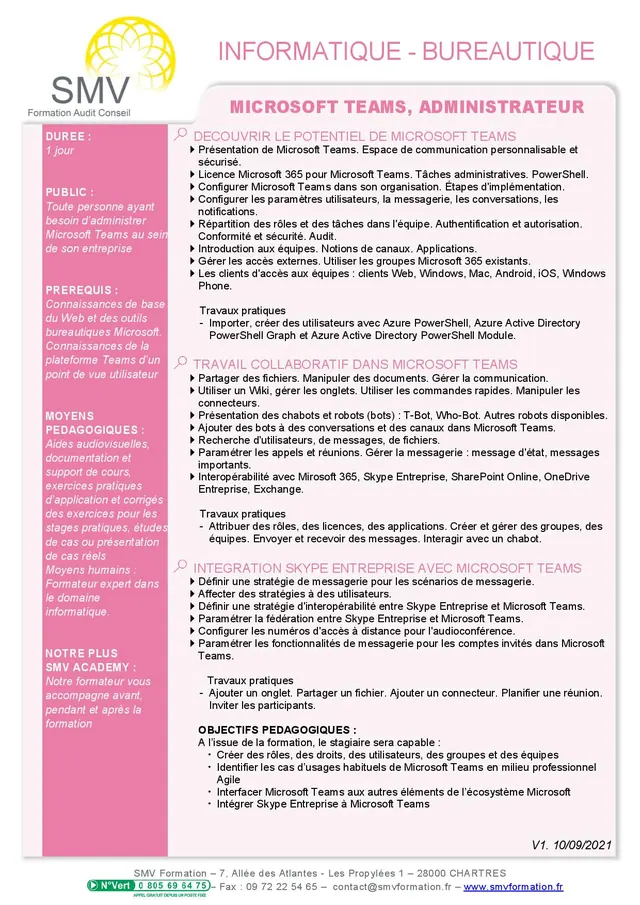 Fiche programme de la formation Microsoft Teams, Administatreur : durée, public, prérequis, objectifs pédagogiques et contenu