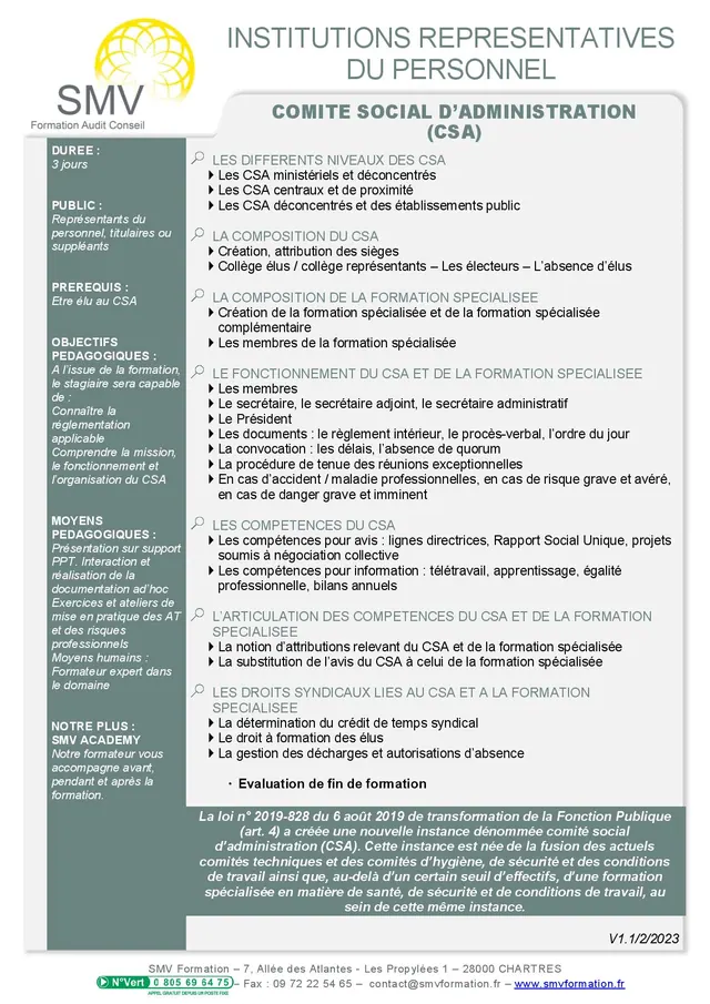 Fiche programme de la formation Comité Social d’Administration CSA : durée, public, prérequis, objectifs pédagogiques et contenu