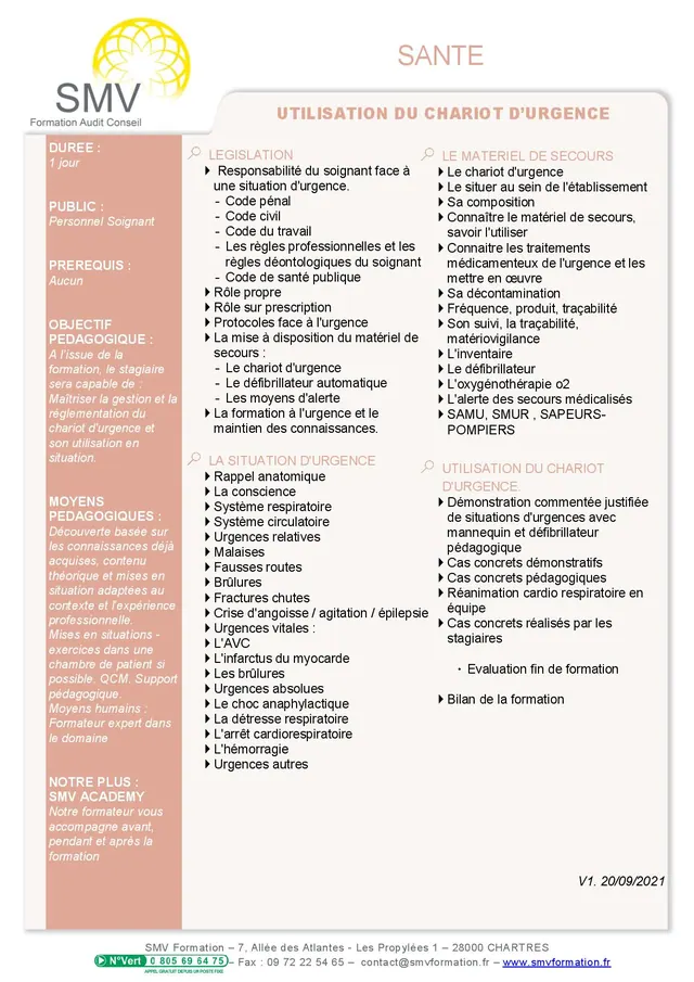 Fiche programme de la formation Utilisation du chariot d’urgence : durée, public, prérequis, objectifs pédagogiques et contenu
