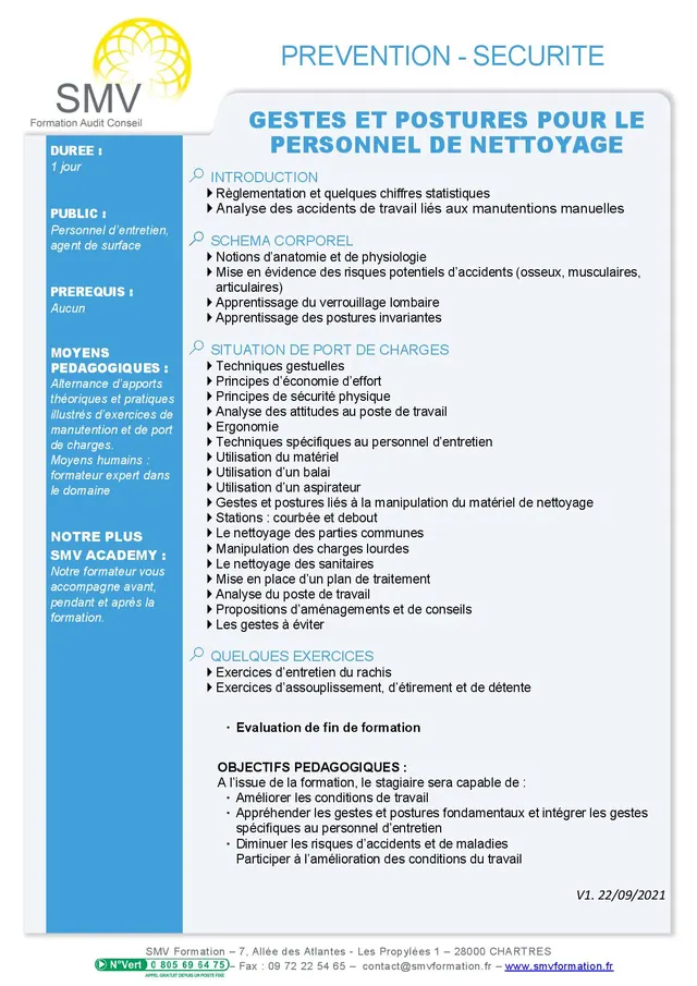 Fiche programme de la formation Gestes et postures pour le personnel de nettoyage 1 jour : durée, public, prérequis, objectifs pédagogiques et contenu